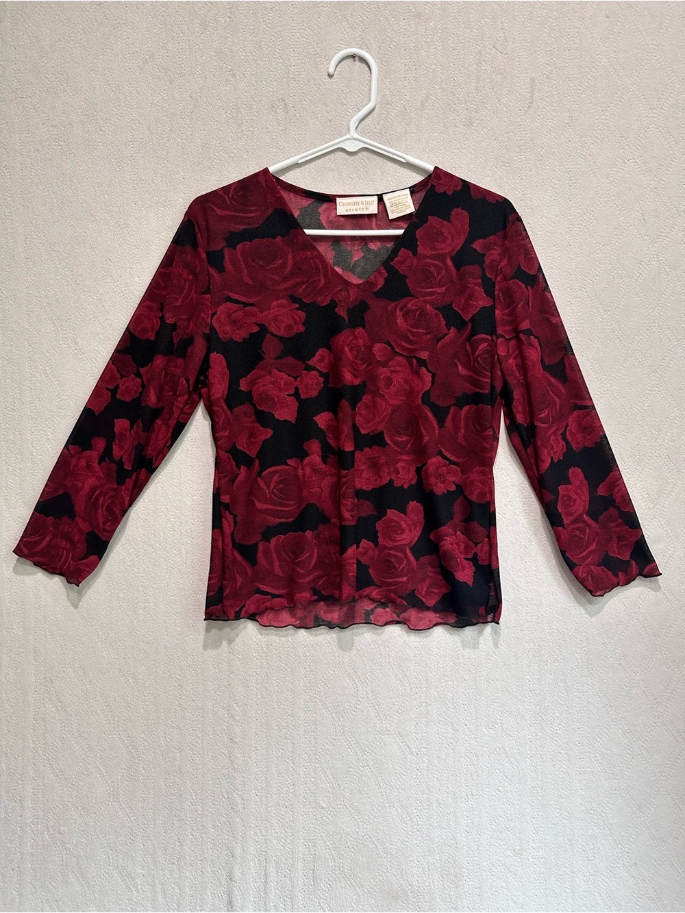 Vintage Y2K Whimsigoth Y2K Sheer Red Rose V-Neck Top Sz M Vampire Christie & Jil